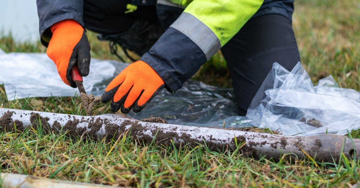 A person wearing orange gloves collects a soil sample from a core drill and places it into a plastic bag.