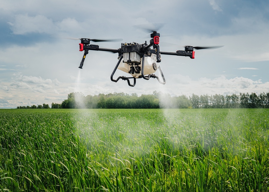 An industrial drone flies over a large crop field as it sprays pesticides to help protect the crops.